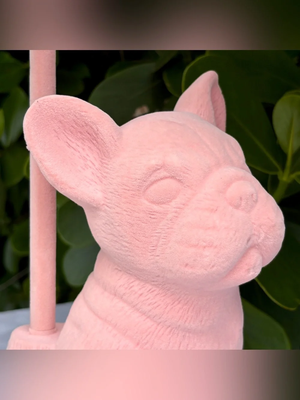 Pink Suede Frenchie French Bulldog Lamp Dog Puppy Velvet Fringe Shade (on left)